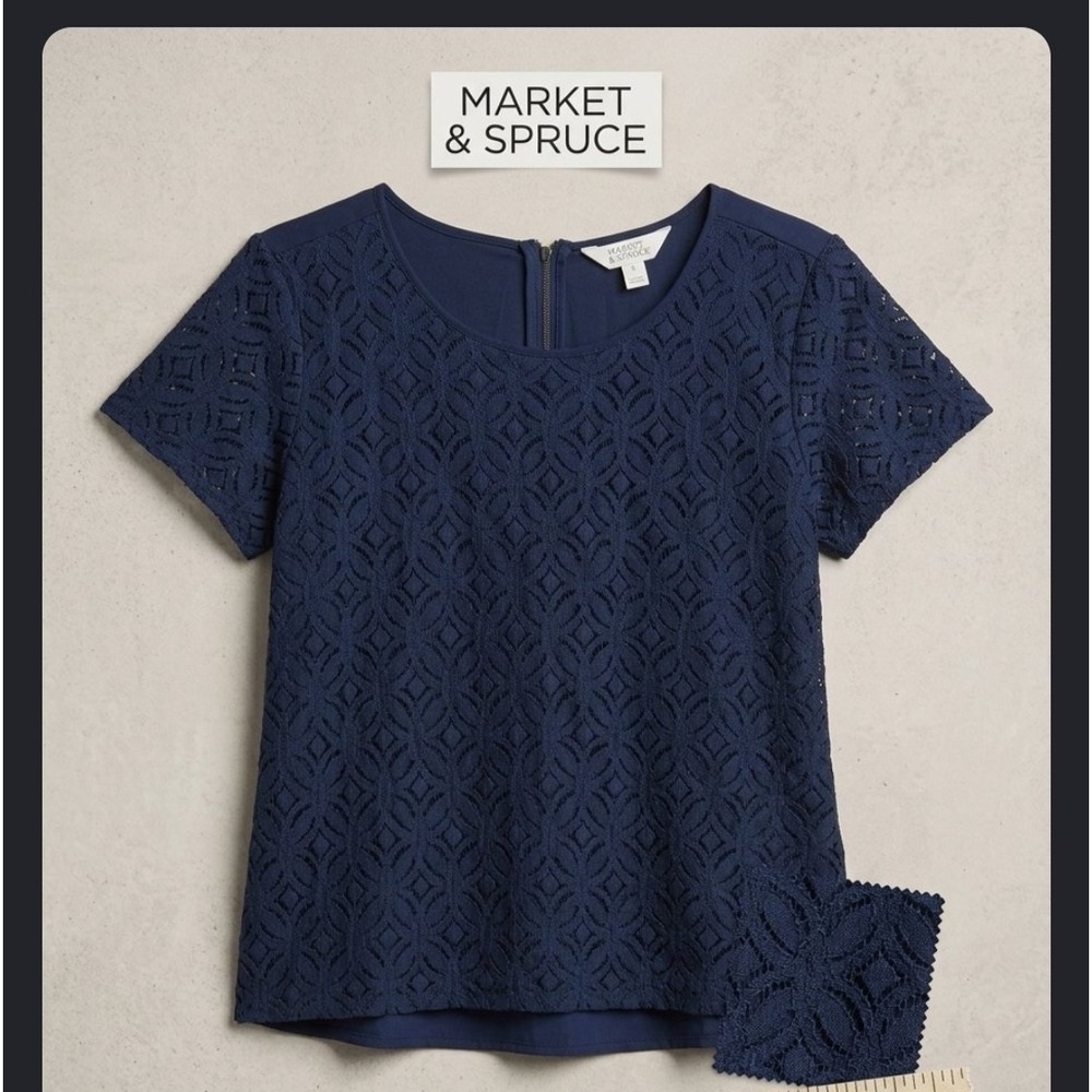 Market & Spruce Navy Blue Eyelet Lace Short Sleeve Back Zip Blouse XL